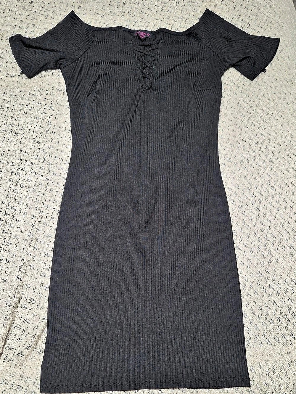 Material Girl Ribbed Lace-Up Mini Dress in Black Size Medium Like New